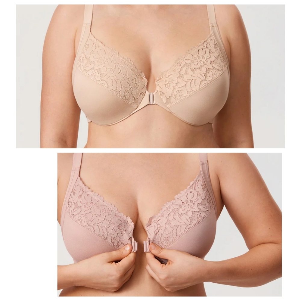 Lot Of 2 Delimira Lace Posture Bras Size 48F Rose Pink & Tan/Nude Front Closure